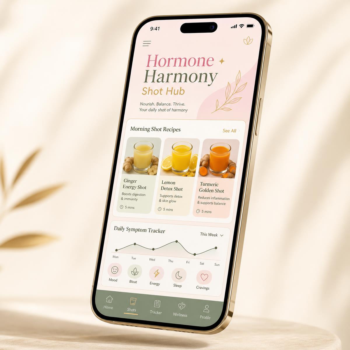 Jelly Lean app showing the unlocked Hormone Harmony Shot Hub tab with shot recipes and a daily symptom chart